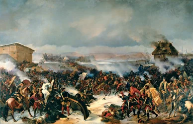 La Batalla de Narva, 19 de noviembre de 1700. Episodio de la Gran Guerra del Norte (1700-1721) entre Suecia y todos los países bálticos, Dinamarca, Polonia y Rusia. Pintura de Alexander (Alexander) von Kotzebue (1815-1889), óleo sobre lienzo