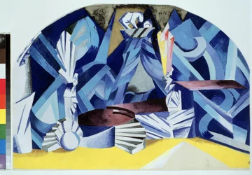 La chambre de Juliette. Projet de decor pour la piece Romeo et Juliette de William Shakespeare (1564-1616) (Diseño de vestuario para la obra de teatro Romeo y Julieta de W.Shakespeare). Oeuvre de Alexandra Alexandrovna Exter (1882-1949), gouache sur carton