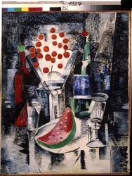 "Naturaleza muerta con jarrón y botellas" Rodaja de sandía y cerezas. Pintura de Alexandra Alexandrovna Exter (1882-1949) (constructivismo) 1914 Museo Estatal al Aire Libre del Kremlin de Rostov, Rostov