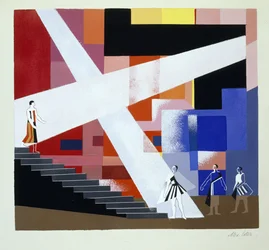 Escenografía para Macbeth de Shakespeare, ilustración de "Maquettes de Theatre" de Alexandra Exter, publicada en la década de 1920 (litografía)