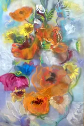 Amapolas y girasoles de colores vivos