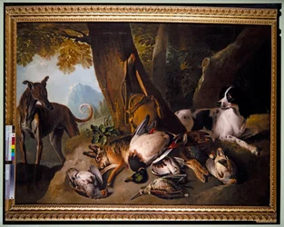 Perros y caza en paisaje (óleo sobre lienzo)