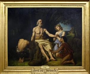 Representación de Homero, poeta griego del siglo IX a.C. en la isla de Esciros Pintura de Jean-Baptiste Auguste Leloir (1809-1892) (Jean Baptiste) 1865 Homero en la isla de Esciros, pintura de Alexandre Louis Leloir