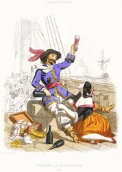 El capitán Henry Morgan se divierte con vino y mujeres, al más puro estilo pirata, mediados del siglo XIX (grabado coloreado)