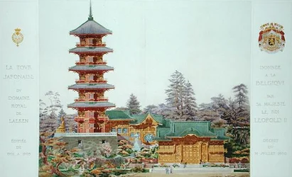Torre japonesa en el Parque Real de Laeken, Bélgica, de Orientalisme et Architecture Contemporaine, grabado por Jules Adolphe Chauvet