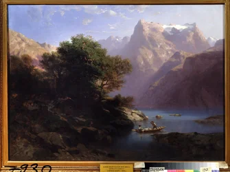 ""Paisaje de montaña con lago en Suiza"" (Lago de montaña) Pintura de Alexandre Calame (1810-1864) 1860 Galería de Arte Regional, Tambov Rusia
