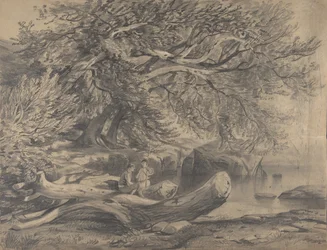 Dos hombres descansando junto a un lago, principios a mediados del siglo XIX