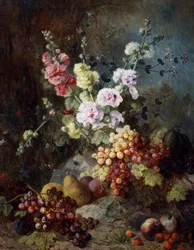 Bodegón de flores y frutas con uvas, peras, ciruelas y frambuesas. Pintura de Alexandre Couder (1808-1879) Colección particular.