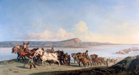 Enganche de caballos tirando barcos por el Ródano, c. 1825-1870