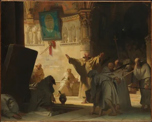 Escena dramática con monjes en una cripta