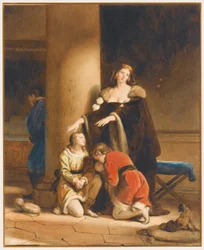 Isabel Woodville, la Reina de Inglaterra, despidiéndose de sus hijos, Eduardo V y Ricardo, duque de York, con un hombre afligido detrás de una columna