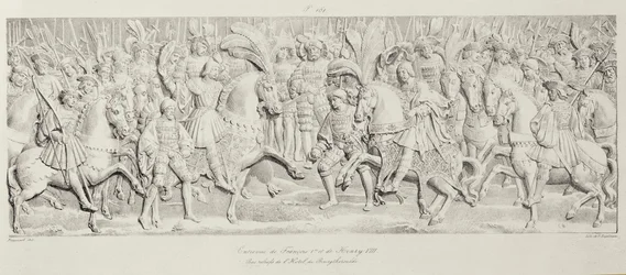 Encuentro de Francisco I y Enrique VIII en el Campo del Paño de Oro, después del relieve de piedra tallada en el Hotel de Bourgtheroulde, Rouen, Normandía, 1501-37, grabado por Godefroy Engelmann