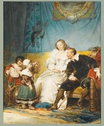 Rubens y Hélène Fourment sentados con Frans sosteniendo una carta e Isabelle Hélène dándoles un ramo de rosas