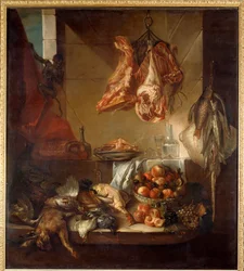 Interior de cocina con bodegón de caza, frutas y carne