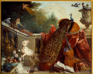 Animales, flores y frutas. Un perro, un mono tocando el violín, un pavo real, un loro, un ave del paraíso, instrumentos de cuerda. 1717. Sol. 1,24 x 2,31 m. Grenoble, Museo de Bellas Artes