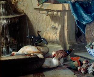 Patos, faisán, frutas cerca de una fuente (detalle)