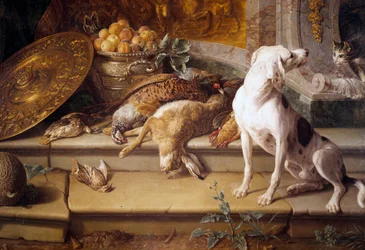 Bodegón con perro de caza y caza (liebre, faisán, perdiz), detalle. Pintura de François Desportes (1661-1743), siglo XVIII, Gien, Museo de la Caza