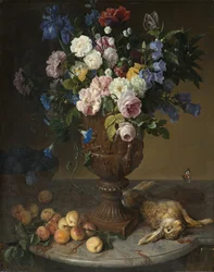 Urna de Flores con Frutas y Liebre