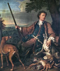 Francés: Portrait de M. Desportes peint par lui-même avec du gibier mort à ses pieds (Retrato del artista como cazador) Autorretrato con traje de caza