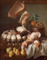 Bodegón con caza aderezada, carne y fruta