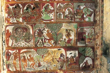 Frescos que representan la vida de Shiva en el santuario de Parvati, templo de Nataraya, Chidambaram, Tamil Nadu, India, siglo V