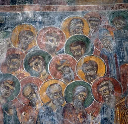 Grupo de santos, fresco en la iglesia en Anisaraki cerca de Kandanos, Creta, Grecia