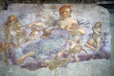 Uno de los frescos de las casas Mazzanti, Piazza delle Erbe, Verona (Lista del Patrimonio Mundial de la UNESCO, 2000), Véneto, Italia