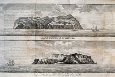 Vista de la Isla Alejandro Selkirk o Isla Más Afuera, Archipiélago Juan Fernández, Chile, grabado