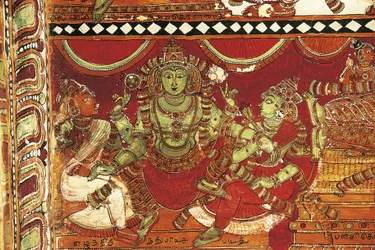 Visnu, detalle de frescos que representan la vida de Shiva en el santuario de Parvati, templo de Nataraya, Chidambaram, Tamil Nadu, India, siglo V