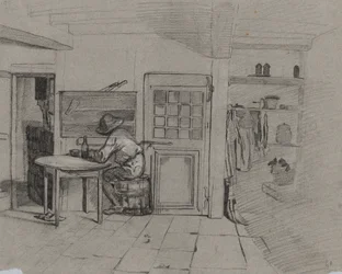 Interior de una casa de campo con un niño en una mesa, c. 1846