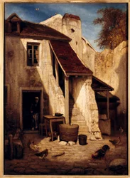 Interior de patio rústico en Fontainebleau Pintura de Alexandre Gabriel Decamps (1803-1860) siglo XIX Dim. 0,78x0,56 m París, Musée du Louvre.