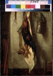 ""Bodegón de gallo y liebre, colgando de un gancho, y farol"" Pintura de Alexandre-Gabriel Decamps (Alexandre Gabriel) (1803-1860) Siglo XIX Dim. 28x24 cm Museo del Hermitage, San Petersburgo (San Petersburgo)