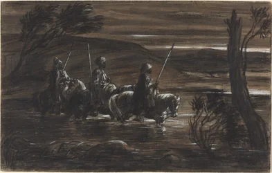 Tres jinetes árabes cruzando un río