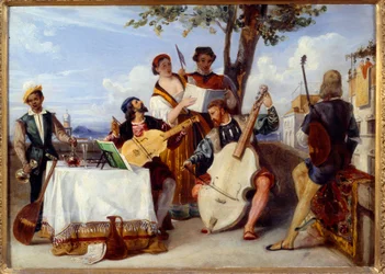El concierto veneciano Músicos (violonchelo, laúd, violín) y cantantes en una terraza son atendidos por un sirviente negro