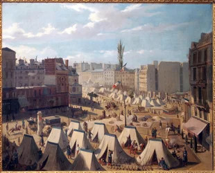 Campamento de tropas, en el Boulevard du Temple en París, durante los días de junio de 1848. Pintura de Josquin (?), óleo sobre lienzo, arte francés