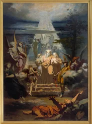 La escalera de Jacob. Jacob, habiendo dejado su tierra, se durmió y soñó con una gran escala. Pintura de Alexandre Laemlein (1813-1871)