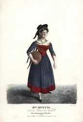 La actriz Mademoiselle Minette o Jeanne-Marie-Francoise Menestrier como Francoise en Nicolas Remi por Sewrin, Theatre du Vaudeville