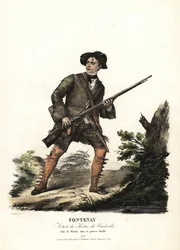 Jean-Baptiste Fontenay y Martin en Le Poor Diable por Balisson y Dumersan, Théâtre du Vaudeville. Litografía coloreada a mano por F. Noel después de una ilustración de Alexandre-Marie Colin de retratos de actrices en diferentes roles, F. Noel, París
