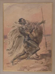 Lucha entre un guerrero y un león
