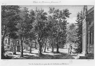 Museo de los Monumentos Franceses, París, vista del Jardín Elíseo desde la tumba de Heloísa y Abelardo, grabado por Laurent Guyot (1756-1806)