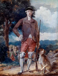 Retrato a pie de Carlos Felipe de Francia (1757-1836), conde de Artois, futuro Carlos X, con traje de cazador Acuarela de Alexandre Moitte (1750-1828) Siglo XVIII Amiens, Museo de Picardía