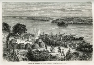 Campamento fortificado de la expedición para protegerse de los caníbales Mouana Ntaba, cerca del río Leopold (Congo), dibujo de A. De Bar, para ilustrar la historia A través del Continente Misterioso, un viaje realizado entre 1874-1877, por Sir H.M. Stanle