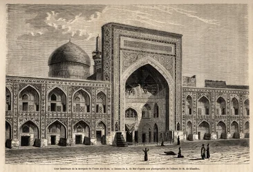 Patio interior de la mezquita del Imam Aly Riza en Mashhad, dibujo de A. de Bar, para ilustrar el viaje a Khorasan en 1858, por N. de Khanikof. Grabado en "Le tour du monde" 1861. Colección de Selva.
