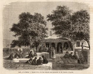 Vista de un café en La Marsa (Túnez), dibujo de A.de Bar, para ilustrar un viaje a Túnez, en 1859, por Amable Crapelet. Grabado en “Le tour du monde”, editado por Edouard Charton
