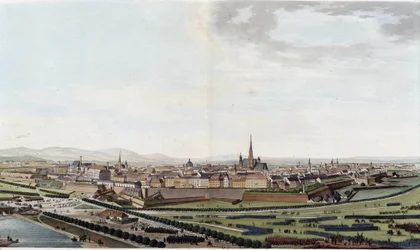 Vista general de Viena tomada desde la iglesia de San Carlos - en "Viaje pintoresco en Austria por el Conde Alexandre de Laborde", París, ed. Didot el mayor