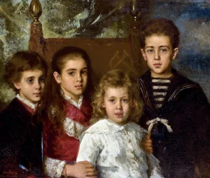 Retrato de los hijos de Paul Pavlovich Demidoff, 2º Príncipe de San Donato (1839-1885), Aurore Anatol, Maria y Pavel - Pintura de Alexei Alexeyevich Harlamov (1840-1922) - 1883