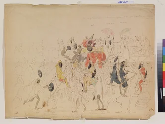 El encuentro entre el Maharajá Sher Singh (1807-1843) del Punjab (India) y el embajador británico Clark (?) en 1842. Obra de Alexei Dmiitryevich Saltykov (1806-1859), lápiz, acuarela y tinta sobre papel