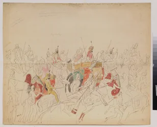 El maharajá Sher Singh (1807-1843) del Punjab (India) y su corte. Obra de Alexei Dmitrievich Saltykov (1806-1859), lápiz acuarela y tinta sobre papel