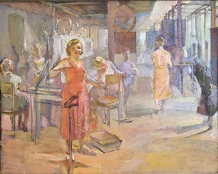 Le plan quinquennal - La fábrica eléctrica "Svetlana" en Leningrado par Sittaro, Alexei Gumbertovich (1906-1942). Óleo sobre lienzo, tamaño : 174x226