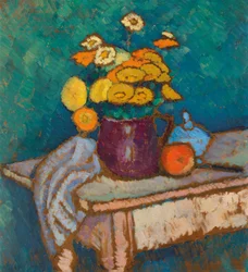 Naturaleza muerta con tela, flores en jarra y manzana, 1909-1910